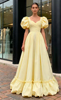 Sweetheart A Line Satin Puffy Sleeve Prom Dress