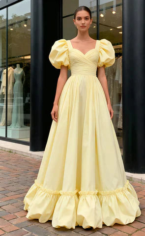 Sweetheart A Line Satin Puffy Sleeve Prom Dress