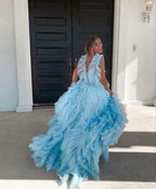 Sky  New Style Long Prom Dress Puffy Sleeveless Party Dresses