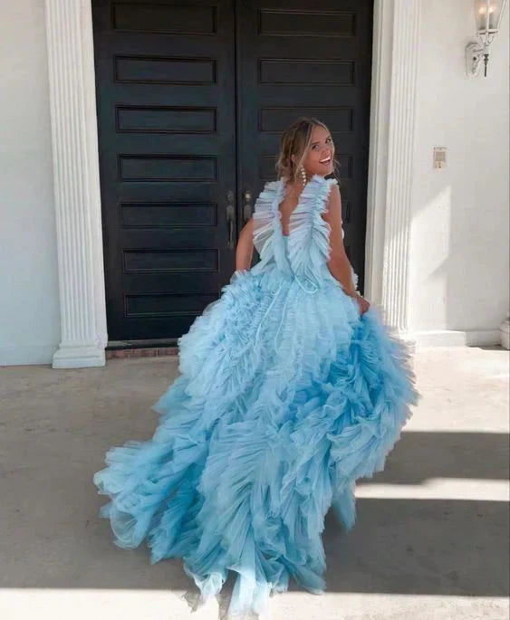 Sky  New Style Long Prom Dress Puffy Sleeveless Party Dresses