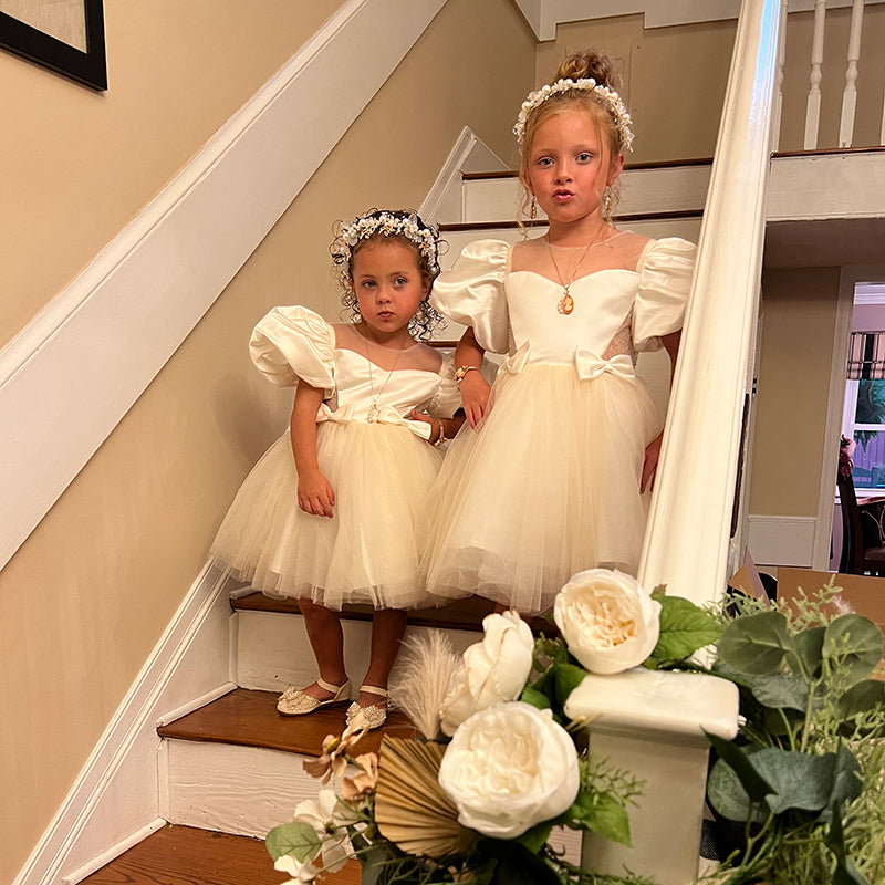 Toddler Ball Gowns Girl Puff Sleeves Bow Pageant Communion Formal Princess Dress