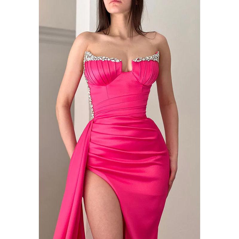 Strapless Beaded Ruched Satin Sheath Long Prom Gown With Slit