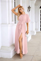 Ladies Chiffon Sleeve Crew Neck Front Slit Floor Length Bridesmaid Evening Dress Wedding Party Evening Dress 28124