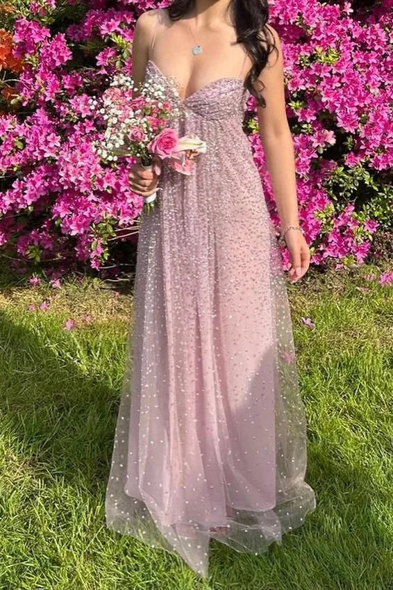 Enchanting Dusty Spaghetti-Strap Sequin A-Line Formal Gown