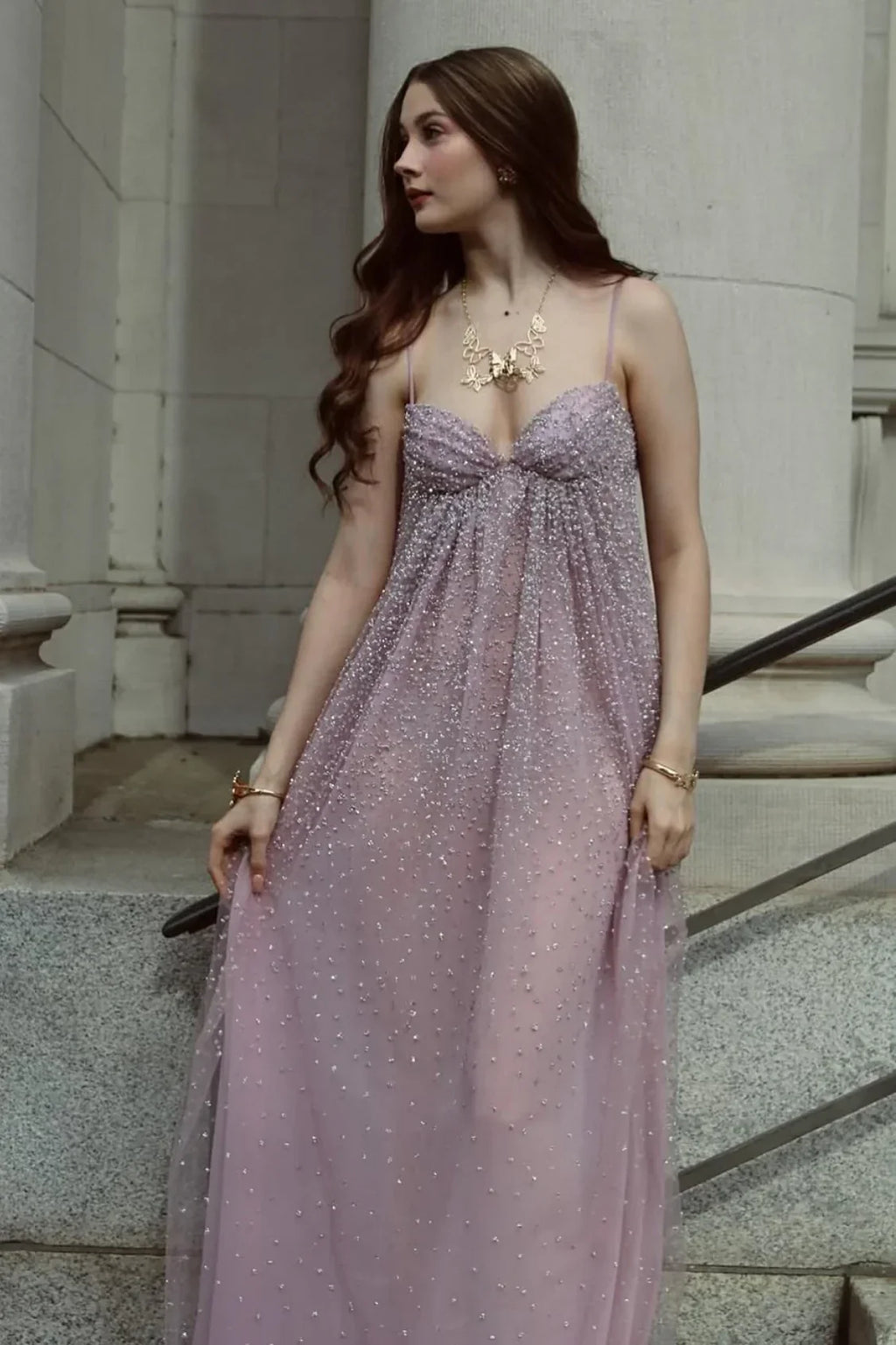 Enchanting Dusty Spaghetti-Strap Sequin A-Line Formal Gown