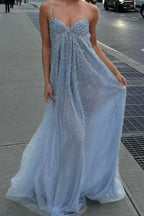 Enchanting Dusty Spaghetti-Strap Sequin A-Line Formal Gown
