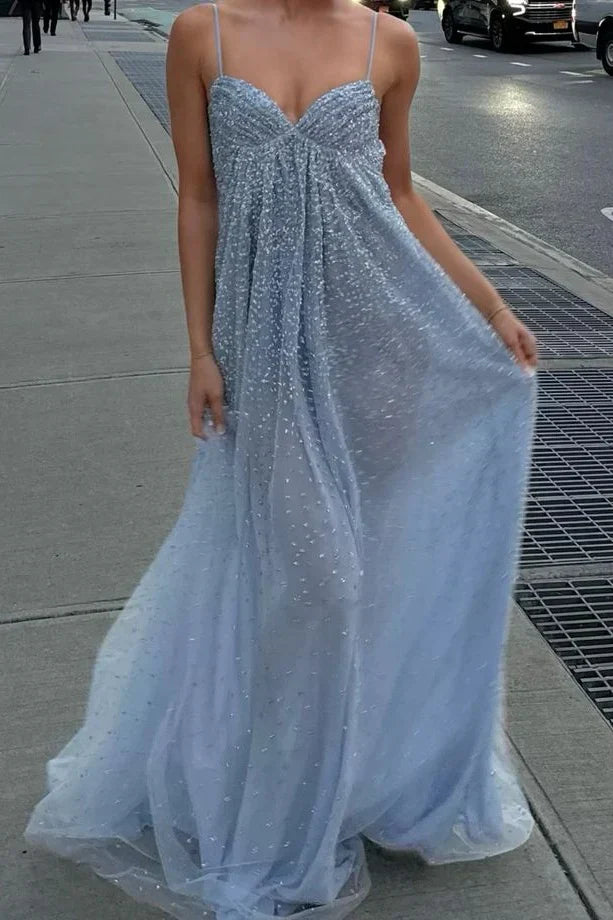Enchanting Dusty Spaghetti-Strap Sequin A-Line Formal Gown