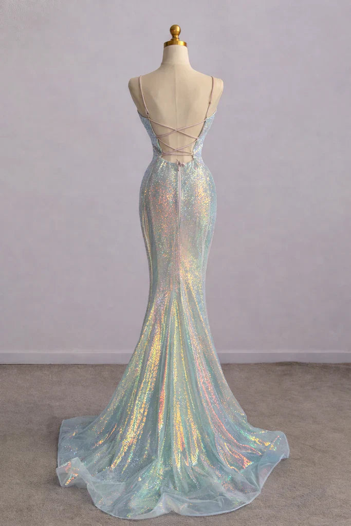 Sparkly Spaghetti Straps Mermaid V-neck Long Prom Dresses