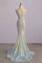 Sparkly Spaghetti Straps Mermaid V-neck Long Prom Dresses