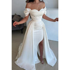 Sweetheart Short Sleeves Satin Pleats Mermaid Formal Evening Dress with Detachable Skirt