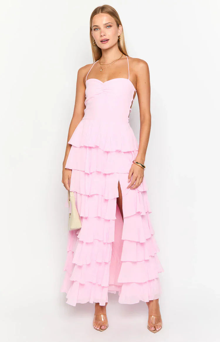 Chiffon bust pleated tiered ruffles high slit ball gown
