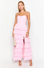 Chiffon bust pleated tiered ruffles high slit ball gown