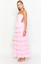 Chiffon bust pleated tiered ruffles high slit ball gown