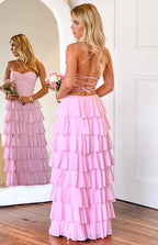Chiffon bust pleated tiered ruffles high slit ball gown