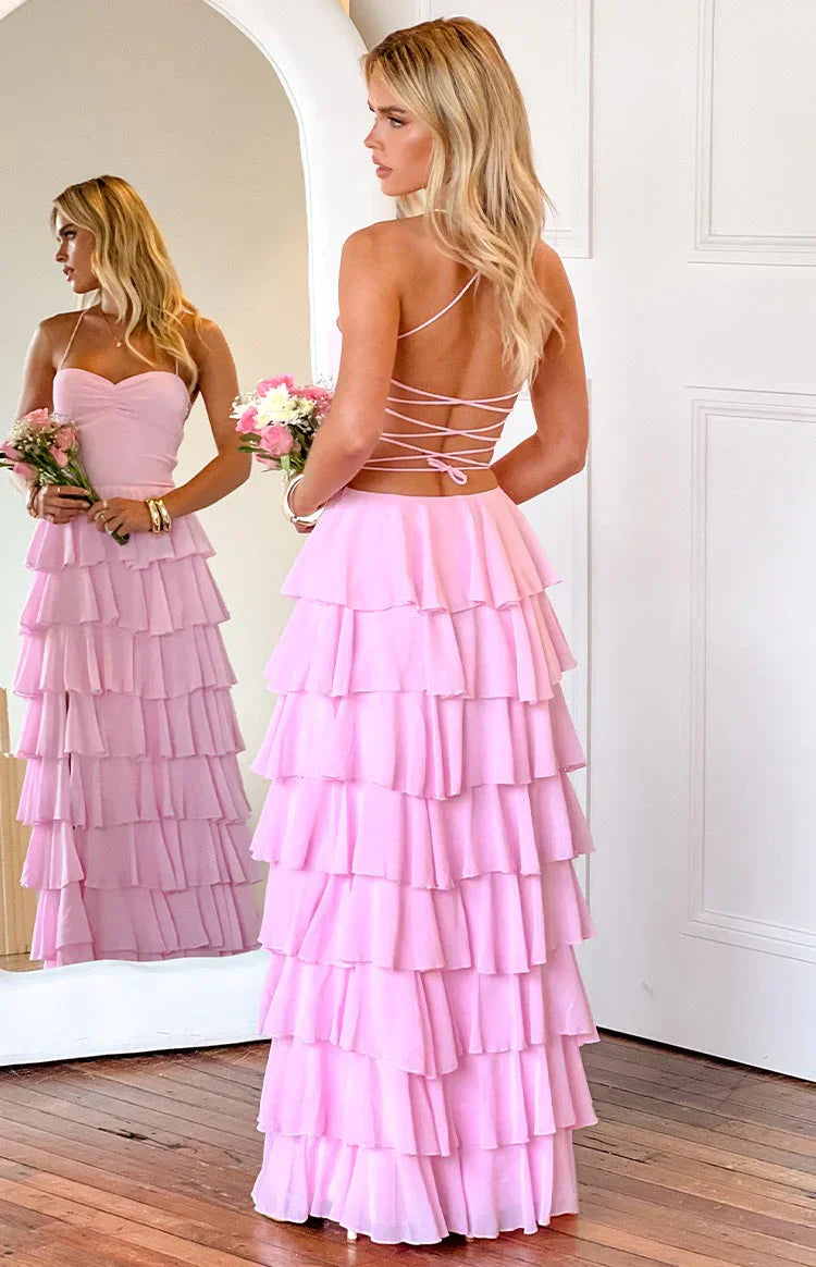 Chiffon bust pleated tiered ruffles high slit ball gown