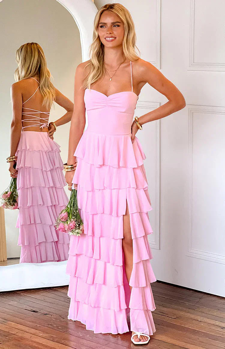 Chiffon bust pleated tiered ruffles high slit ball gown