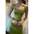 Sheath/column Strapess Pleats Long Green Formal Party Dress