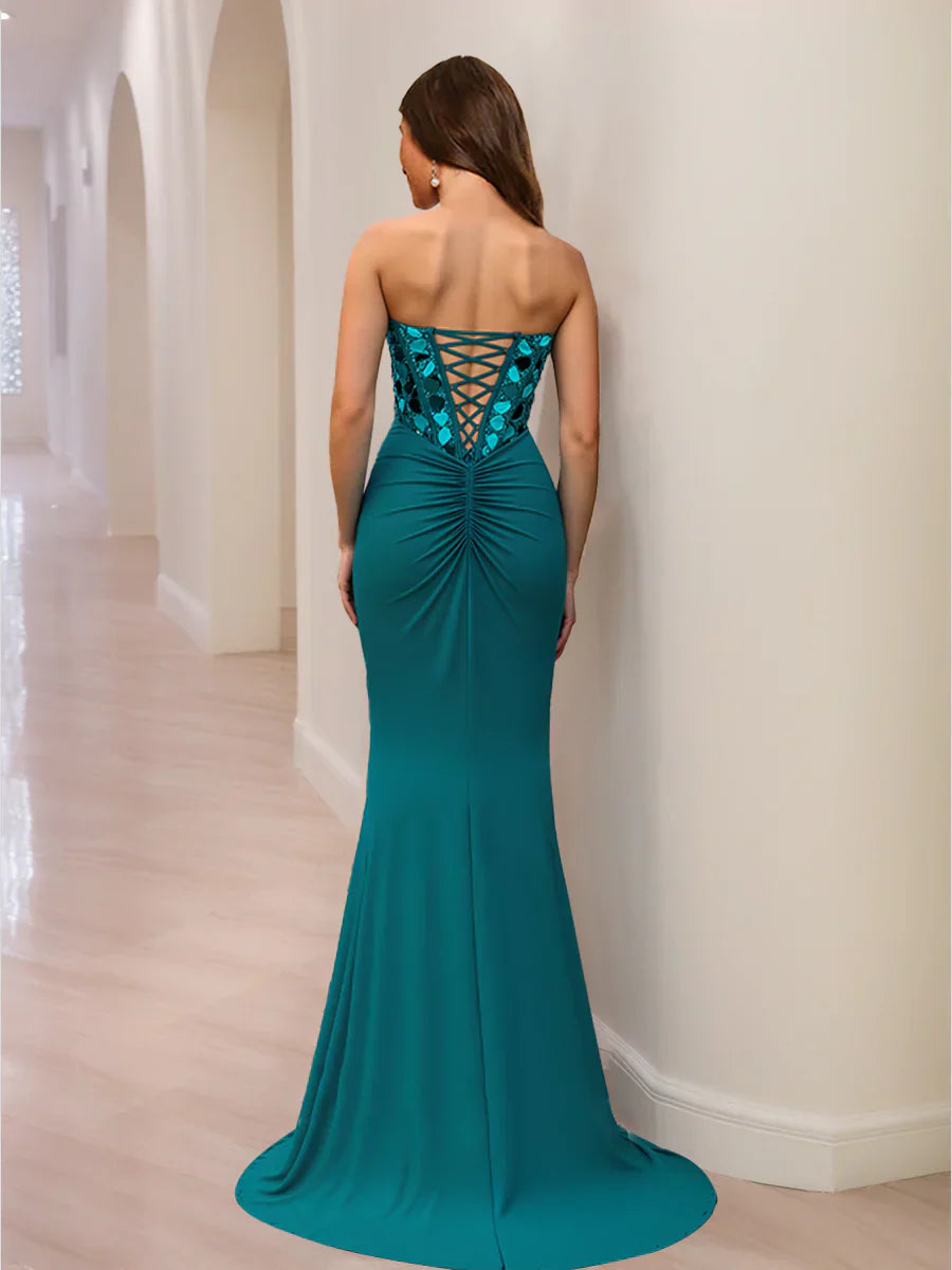 Mermaid Sweetheart Beading Sequins Long Prom Dresses with Split Side