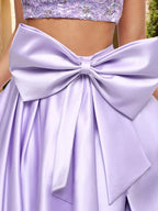A-Line Sweetheart Beaded Two Piece Prom Dresses with Bow & Slit