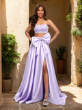 A-Line Sweetheart Beaded Two Piece Prom Dresses with Bow & Slit