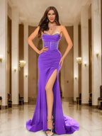 Mermaid Sweetheart Keyhole Slit Long Prom Dresses with Rhinestones