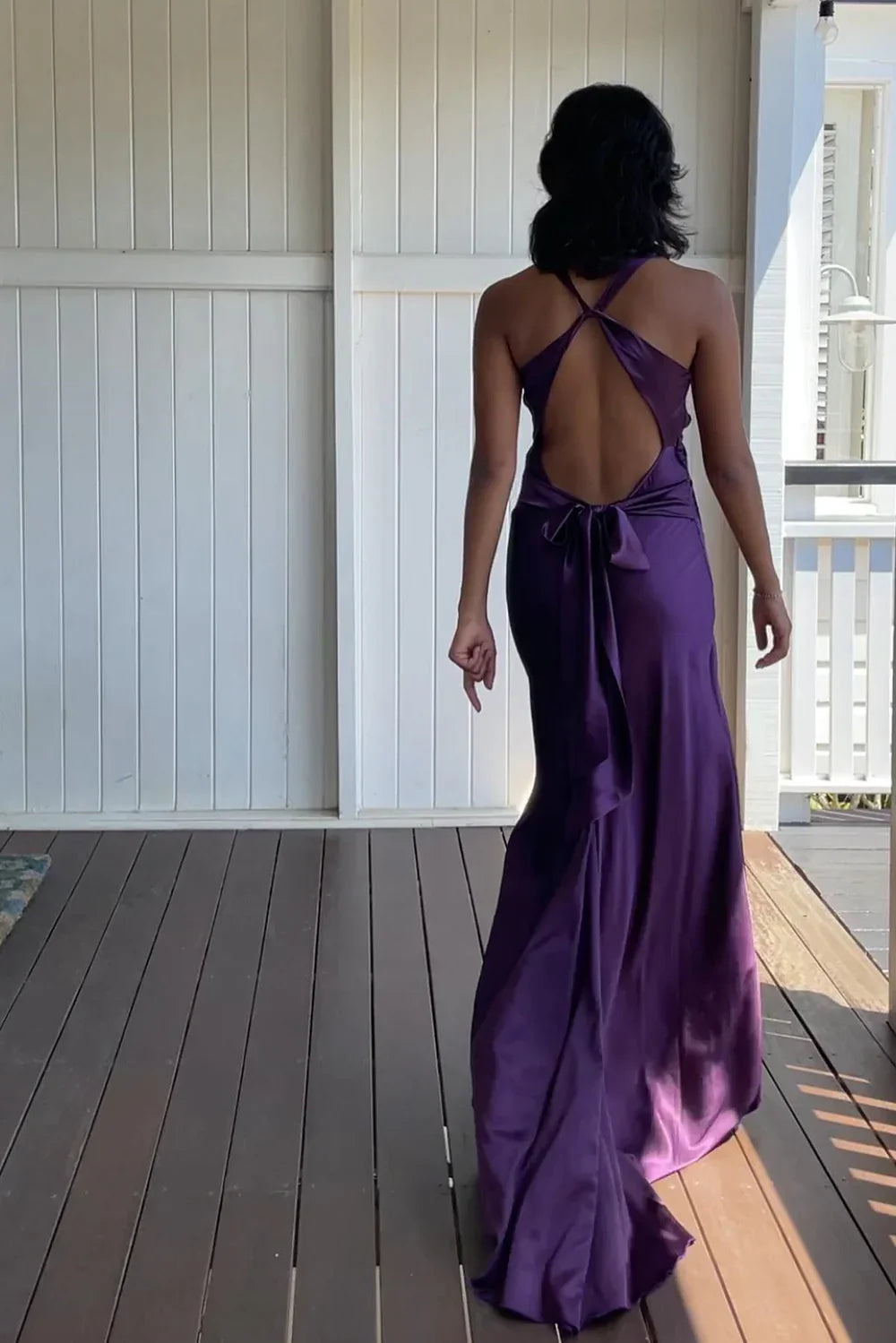Trendy Sheath Halter Neck Purple Long Party Dress with Open Back Bowknot