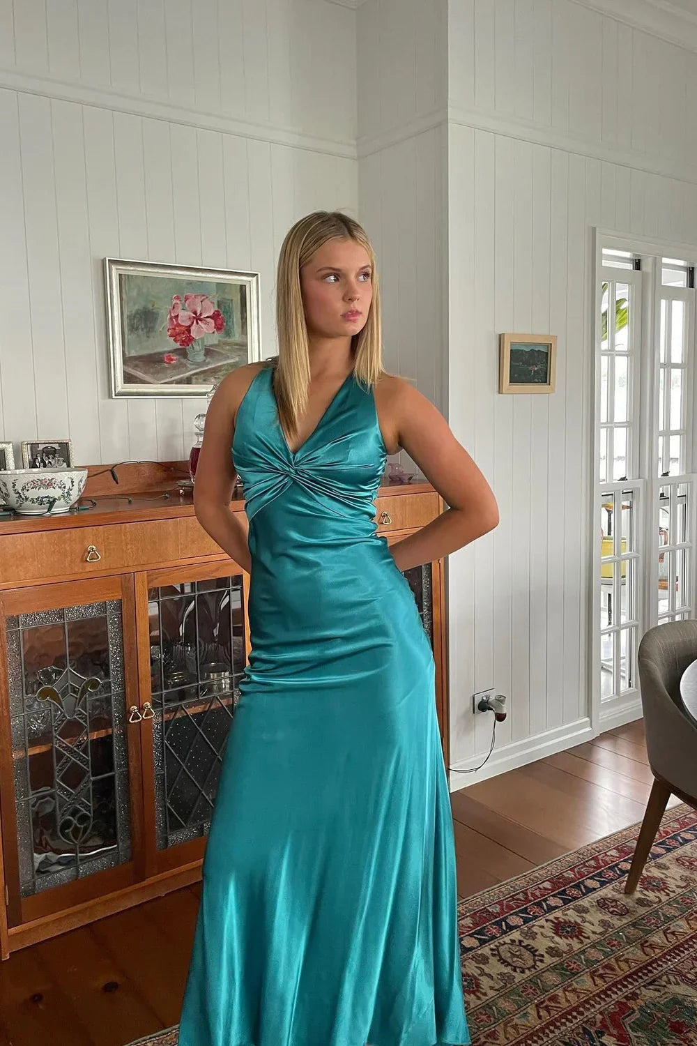 Trendy Sheath Halter Neck Purple Long Party Dress with Open Back Bowknot