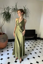 Trendy Sheath Halter Neck Purple Long Party Dress with Open Back Bowknot