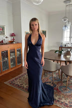 Trendy Sheath Halter Neck Purple Long Party Dress with Open Back Bowknot
