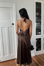 Trendy Sheath Halter Neck Long Party Dress with Open Back Bowknot