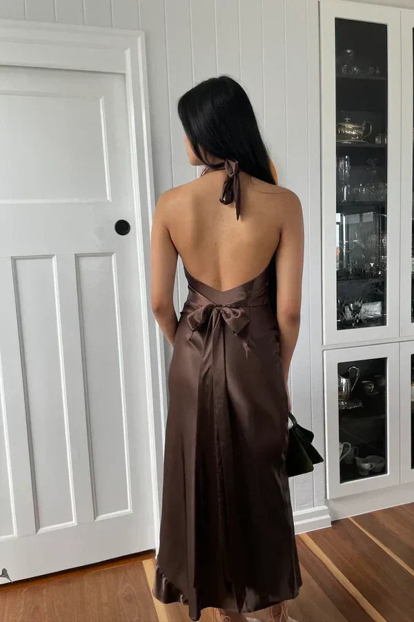 Trendy Sheath Halter Neck Long Party Dress with Open Back Bowknot