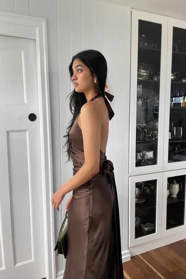 Trendy Sheath Halter Neck Long Party Dress with Open Back Bowknot