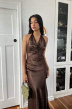 Trendy Sheath Halter Neck Long Party Dress with Open Back Bowknot