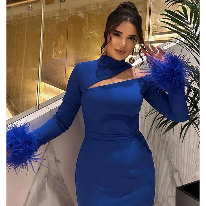 Sheath High Neck Long Sleeves Feather Royal Blue Prom Evening Dress
