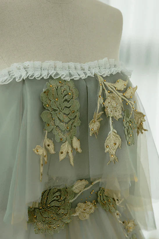 Light Off Shoulder Tulle Long Prom Dress A-line Green Party Dress