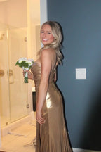 Beaded Neck Gold Ruched Long Dress with Slit