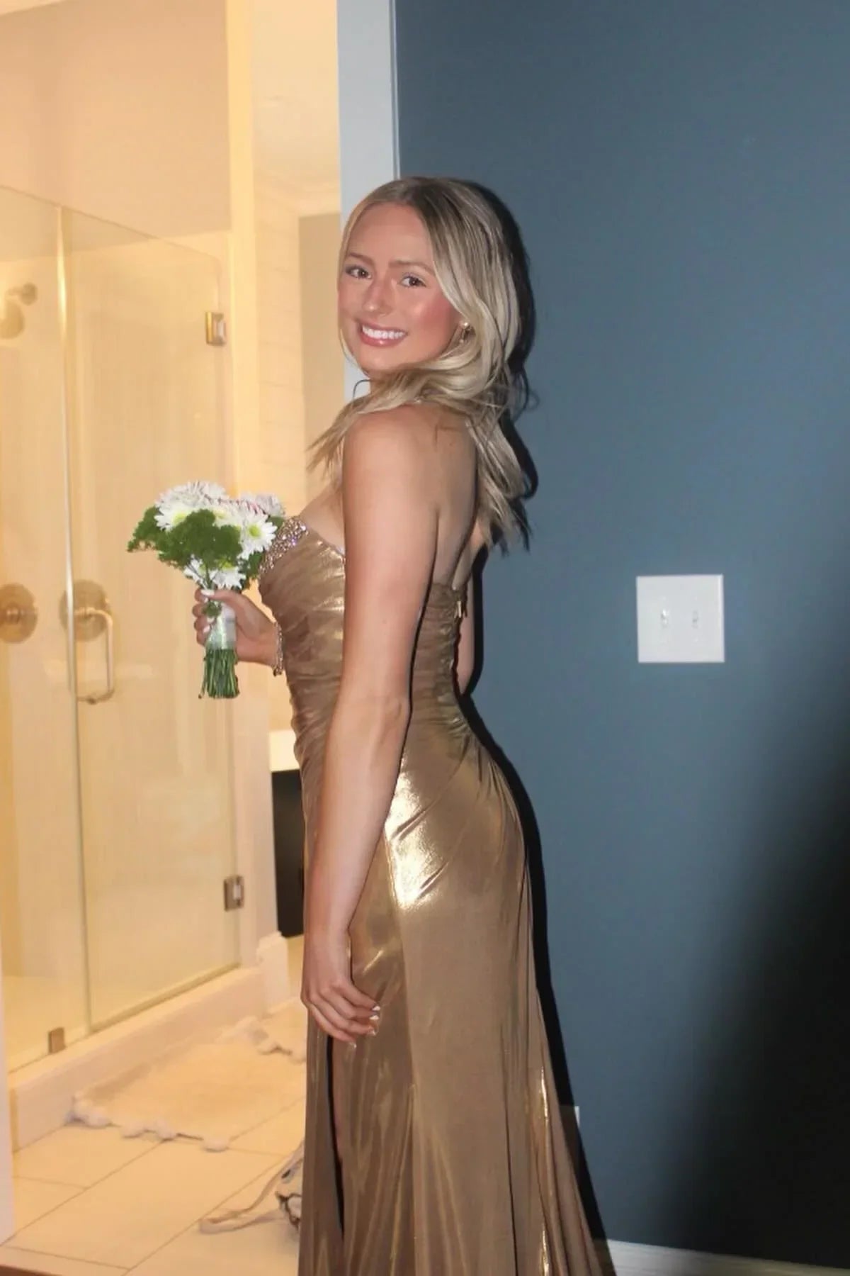 Beaded Neck Gold Ruched Long Dress with Slit