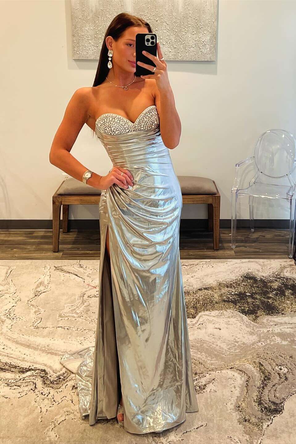 Beaded Neck Gold Ruched Long Dress with Slit