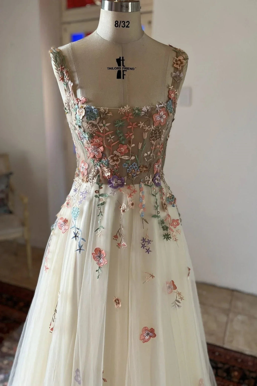 Square Neck Prom Dress A Line Champagne Tulle Sleeveless Formal Dress