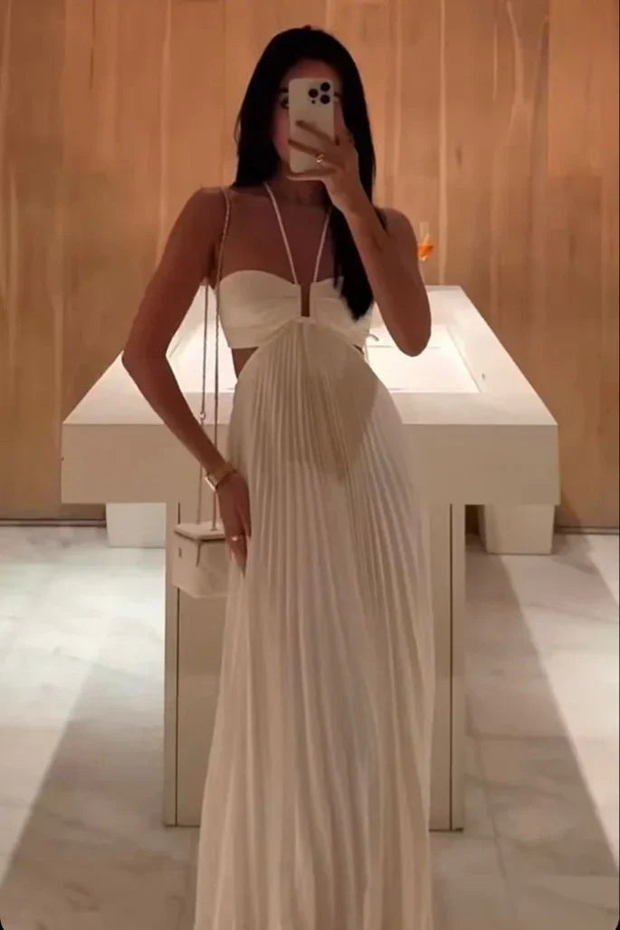 Hot A Line Halter Neck White Long Prom Dress with Backless