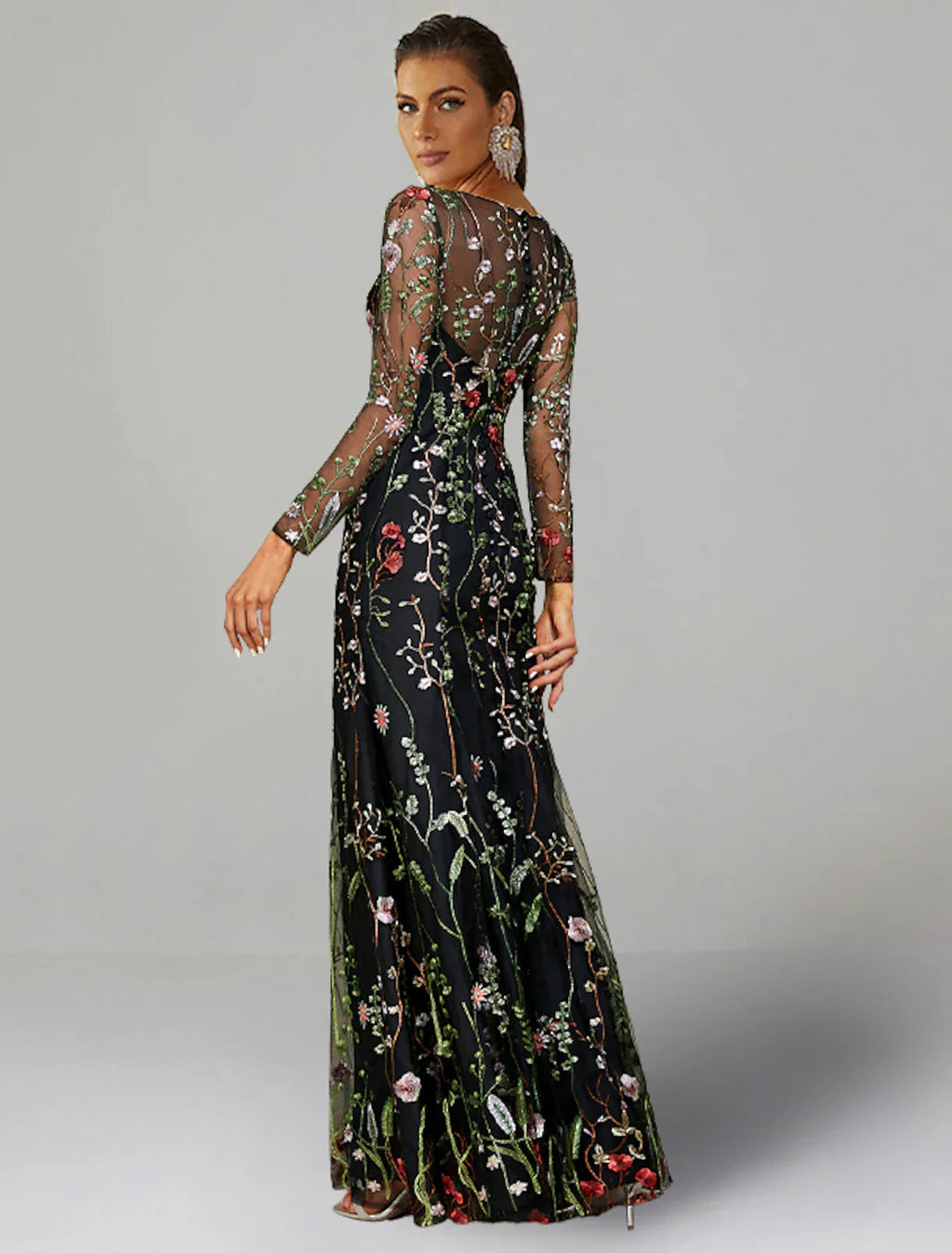 Sheath Wedding Guest Dresses Floral Dress Semi Formal Garden Party Floor Length Long Sleeve Jewel Neck Fall Wedding Guest Tulle