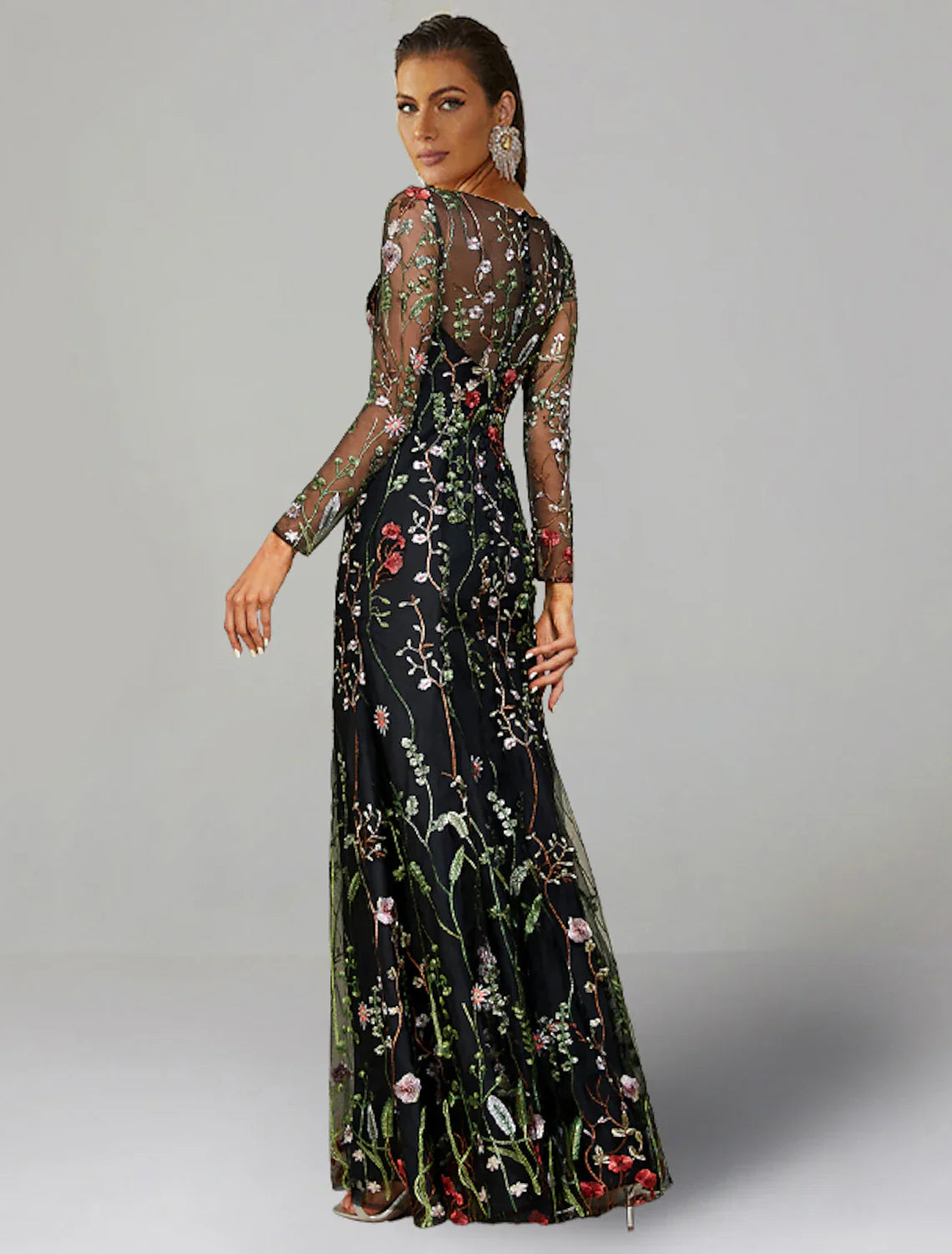 Sheath Wedding Guest Dresses Floral Dress Semi Formal Garden Party Floor Length Long Sleeve Jewel Neck Fall Wedding Guest Tulle