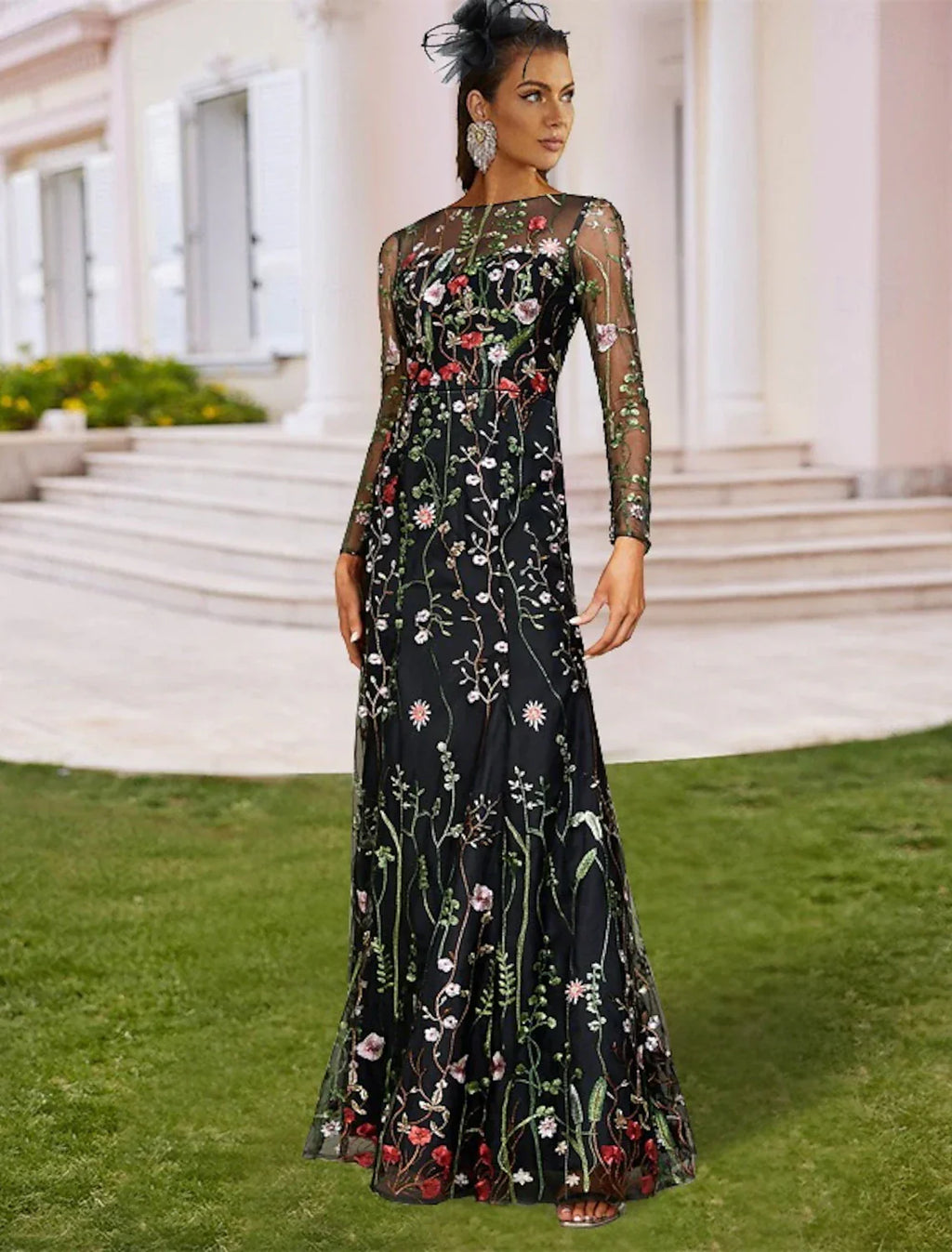 Sheath Wedding Guest Dresses Floral Dress Semi Formal Garden Party Floor Length Long Sleeve Jewel Neck Fall Wedding Guest Tulle