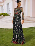 Sheath Wedding Guest Dresses Floral Dress Semi Formal Garden Party Floor Length Long Sleeve Jewel Neck Fall Wedding Guest Tulle