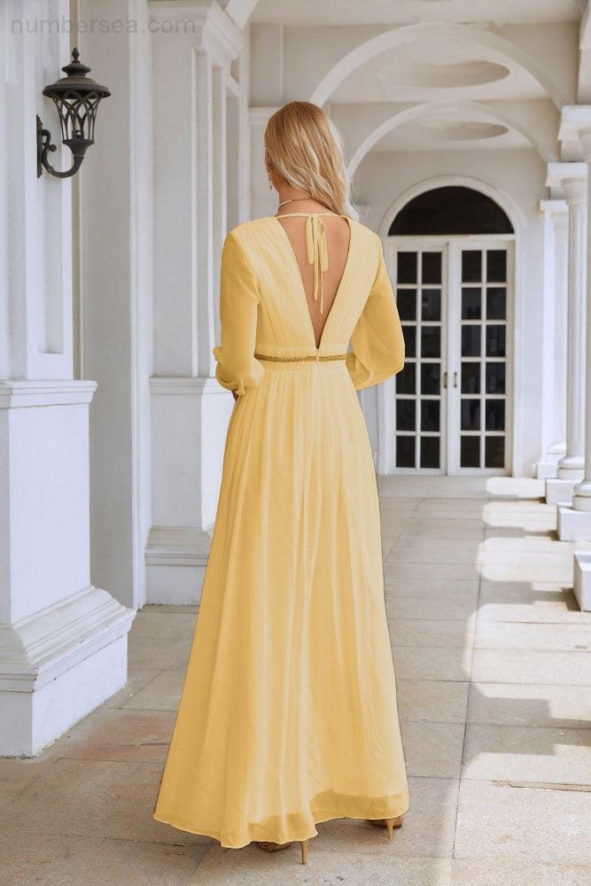 Ladies V Neck Chiffon Long Sleeve Front Slit Bridesmaid Evening Dress Wedding Party Shopping Evening Dress 28109