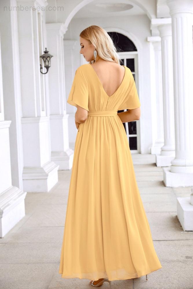 Ladies Chiffon Sleeve Crew Neck Front Slit Floor Length Bridesmaid Evening Dress Wedding Party Evening Dress 28124