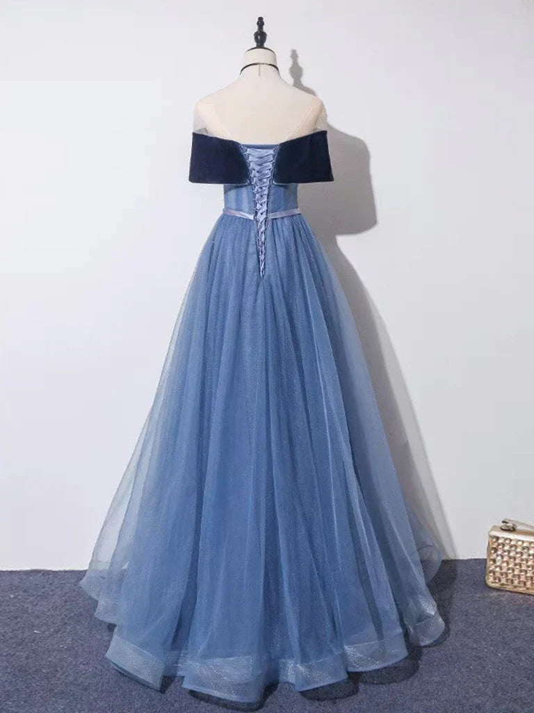 Off Shoulder Tulle  Long Prom Dress Blue Formal Dress Evening Gown Party Dress