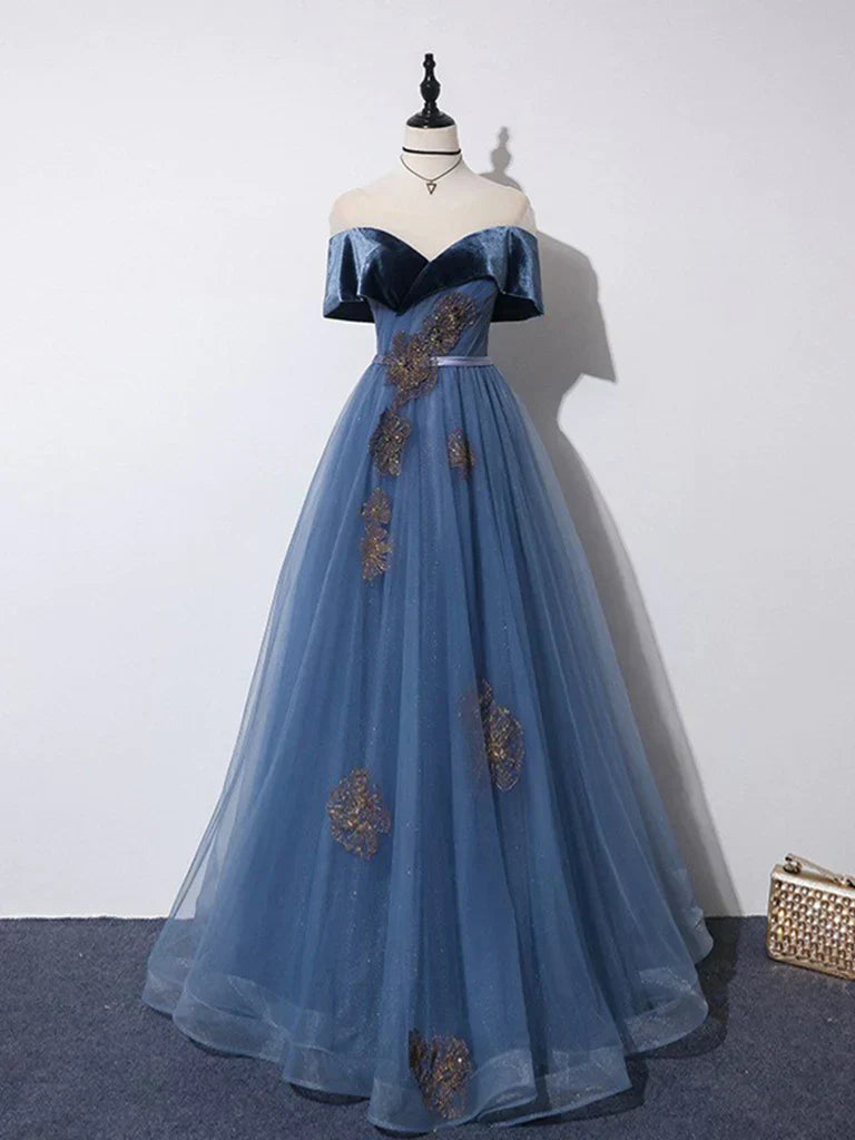 Off Shoulder Tulle  Long Prom Dress Blue Formal Dress Evening Gown Party Dress