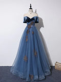 Off Shoulder Tulle  Long Prom Dress Blue Formal Dress Evening Gown Party Dress