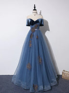 Off Shoulder Tulle  Long Prom Dress Blue Formal Dress Evening Gown Party Dress